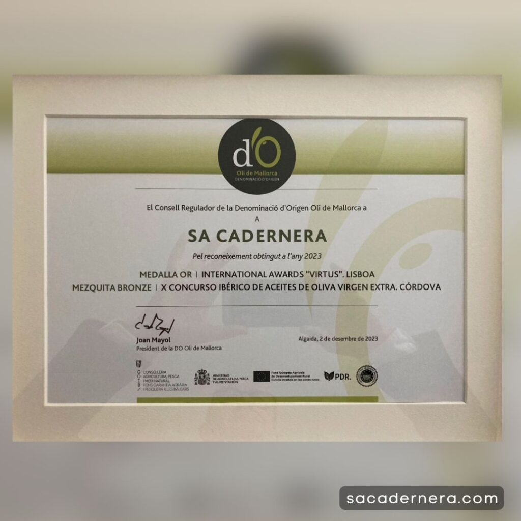 reconocimiento del consejo regulador Oli de Mallorca a nuestros aceites